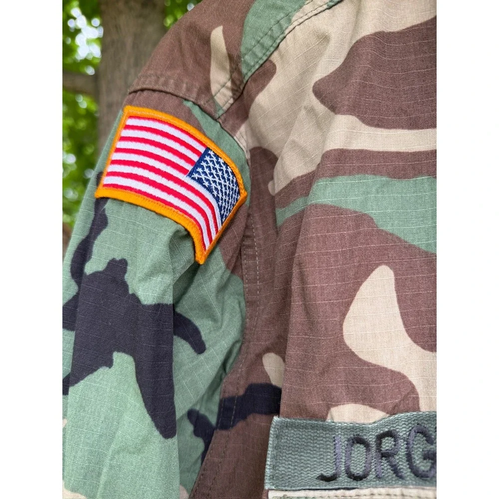 US Army BDU Jacket Woodland Camo Medium Short Rolling Stones Patch Jorgensen
